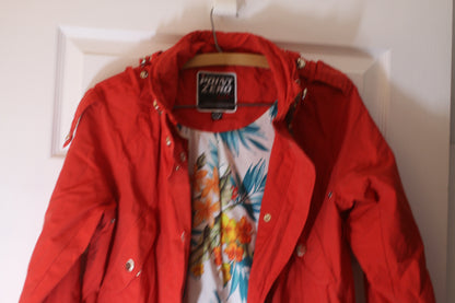 Point Zero Red Parka Jacket Floral Lined Hooded Womens Size Small