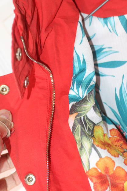 Point Zero Red Parka Jacket Floral Lined Hooded Womens Size Small