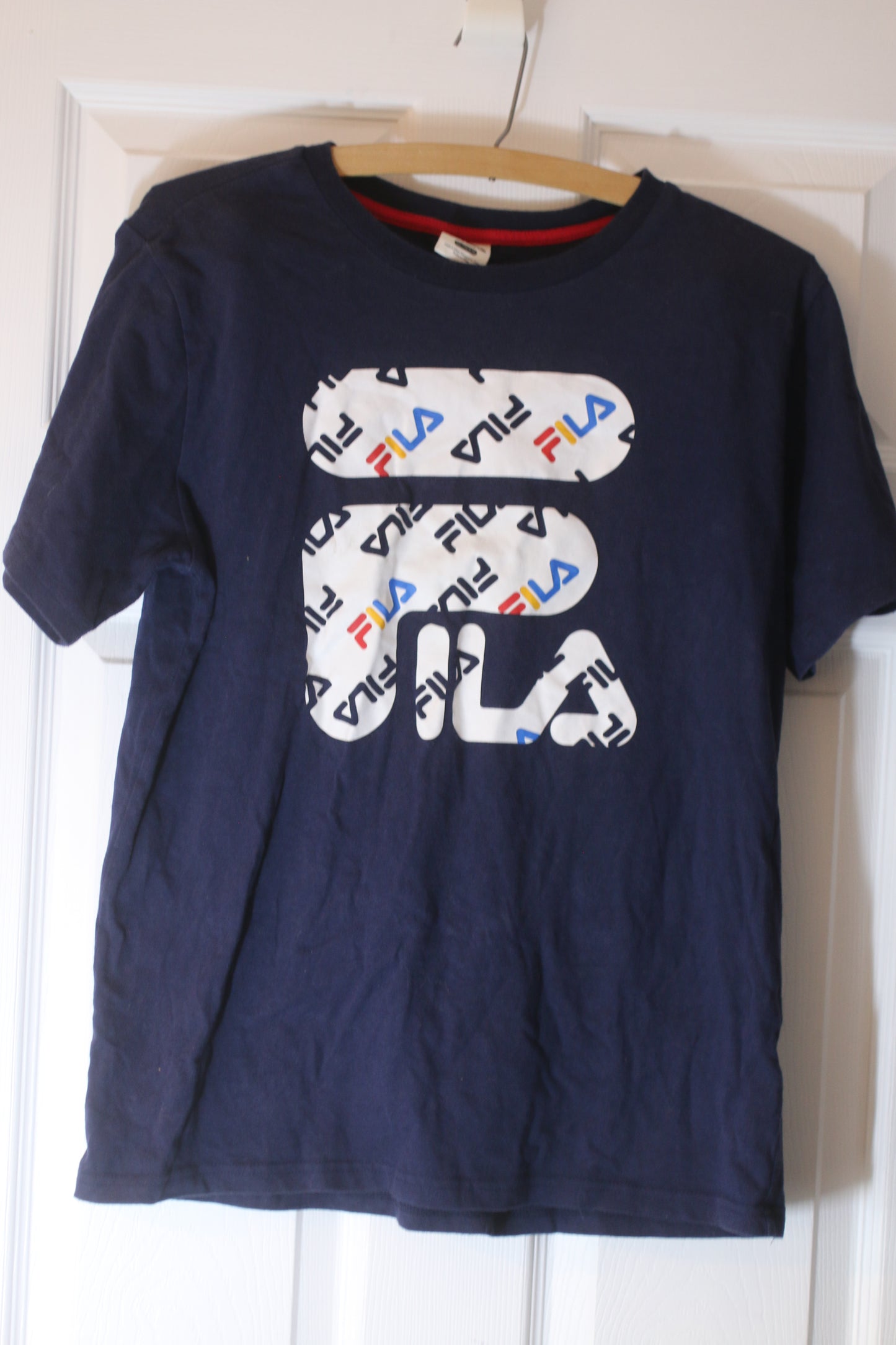 FILA Large Logo All-Over Print T-Shirt Navy Blue XXL Streetwear Classic Woman