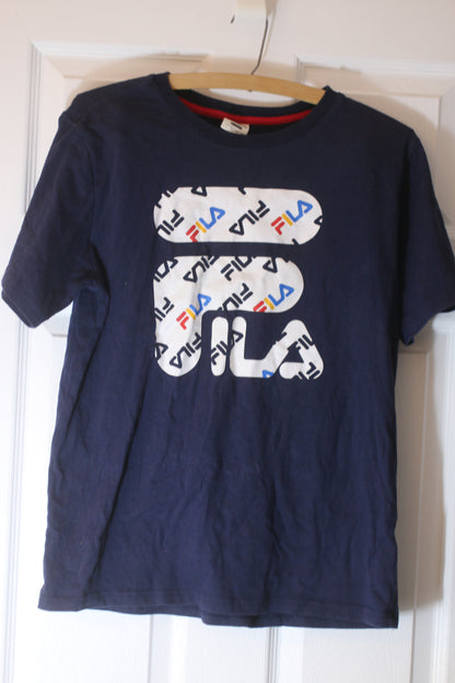 FILA Large Logo All-Over Print T-Shirt Navy Blue XXL Streetwear Classic Woman
