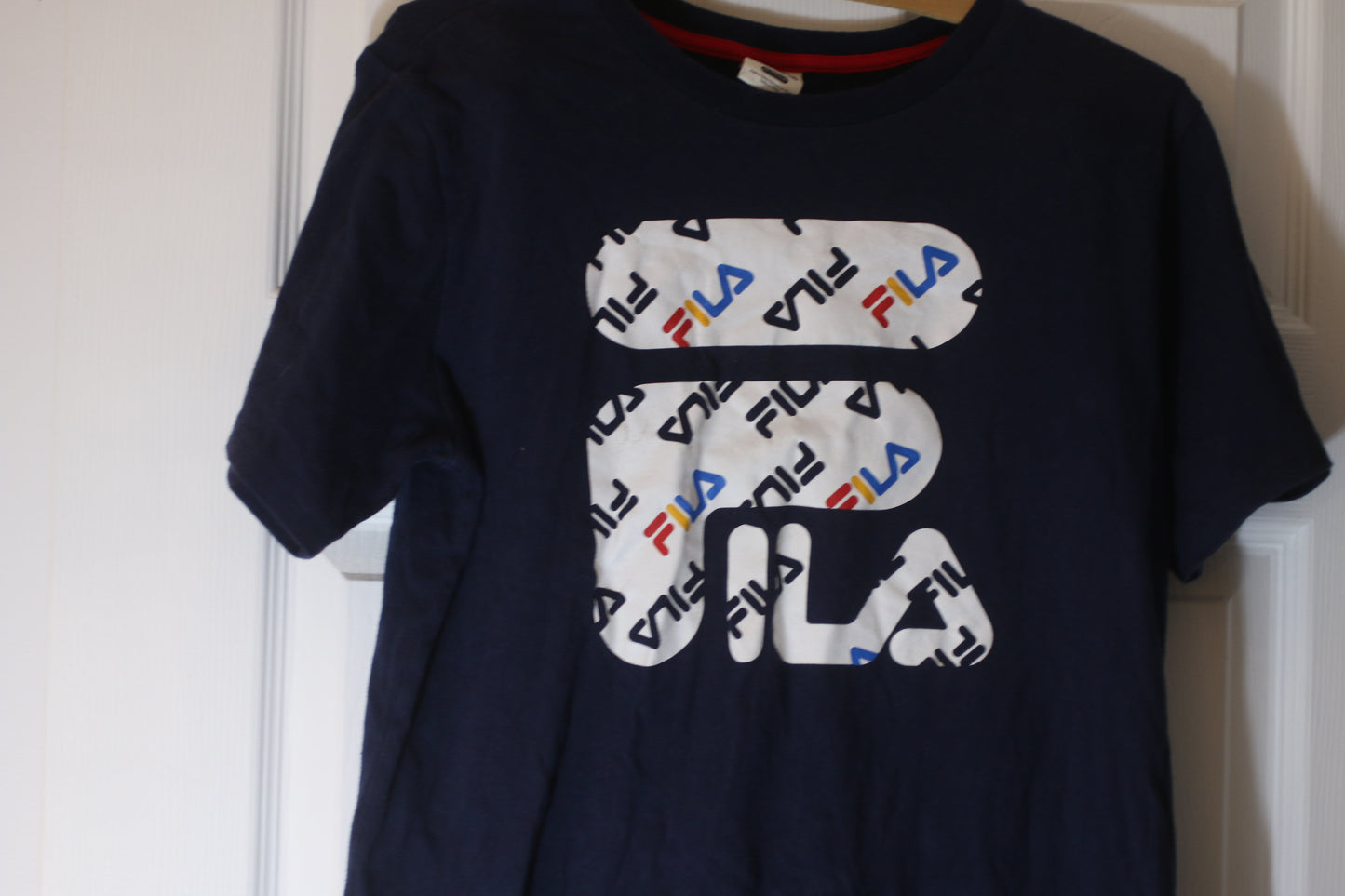 FILA Large Logo All-Over Print T-Shirt Navy Blue XXL Streetwear Classic Woman