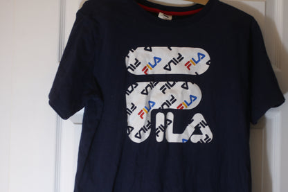 FILA Large Logo All-Over Print T-Shirt Navy Blue XXL Streetwear Classic Woman