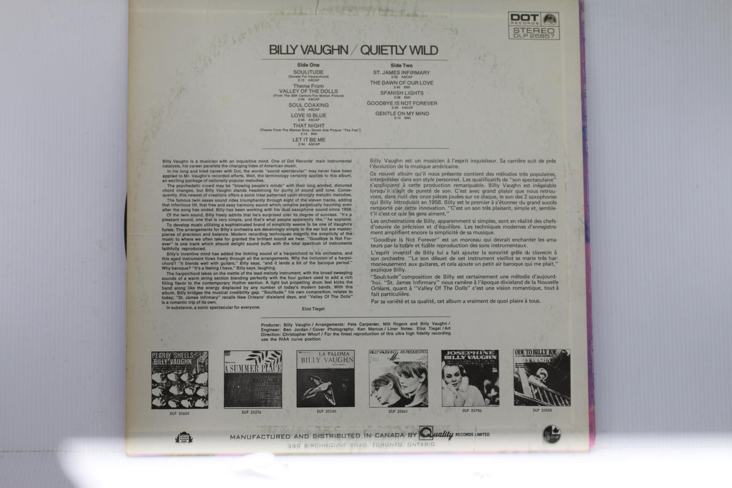 Billy Vaughn - Quietly Wild Vinyl Record Album