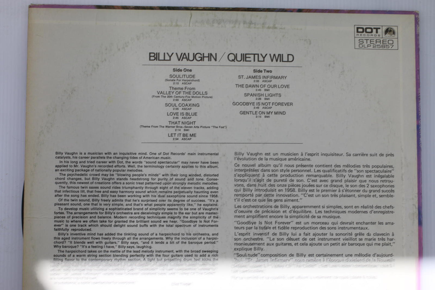 Billy Vaughn - Quietly Wild Vinyl Record Album
