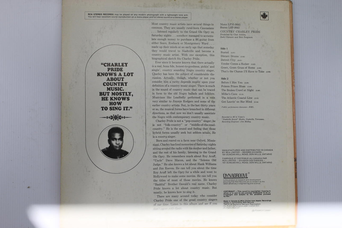 Country Charley Pride Vinyl Record LSP-3645 Stereo
