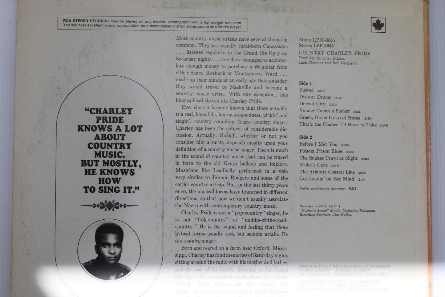 Country Charley Pride Vinyl Record LSP-3645 Stereo