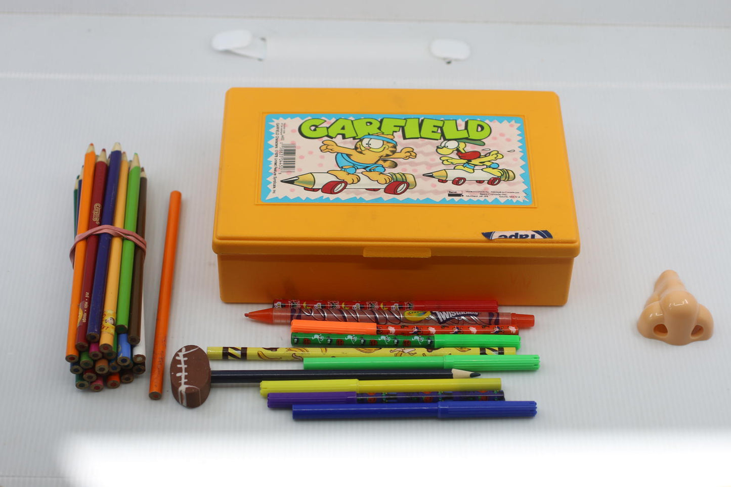 Vintage Garfield Pencil Box School Supply Lot Crayola Pens Pencils Eraser