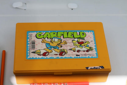 Vintage Garfield Pencil Box School Supply Lot Crayola Pens Pencils Eraser
