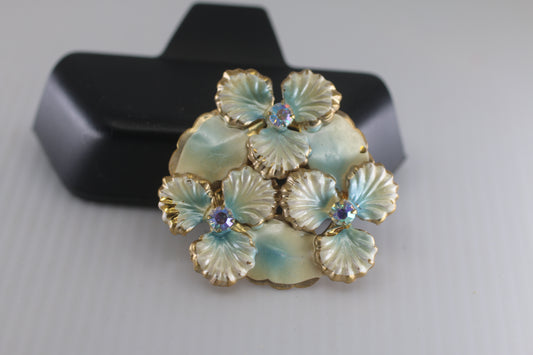 Art Nouveau brooch in faux gold, Flowers Rhinestone