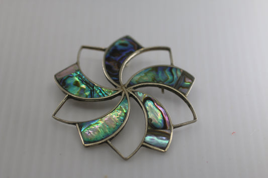 Vintage silver tone Alpaca Mexico abalone shell flower brooch