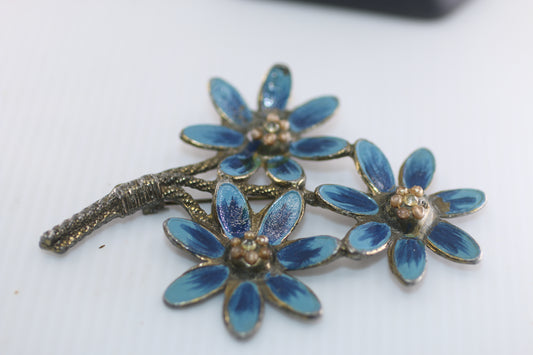 Vintage Silver tone 3 Blue Flowers Pin Brooch