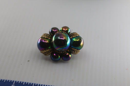 Vintage Faux Carnival Glass Bead brooch Clip Earrings Iridescent Peacock Blue