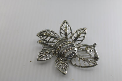 Vintage Sterling Silver tone Rhinestone Leaf Design Fur Clip Brooch