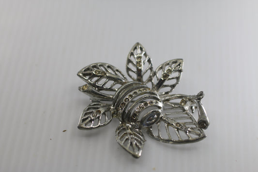 Vintage Sterling Silver tone Rhinestone Leaf Design Fur Clip Brooch