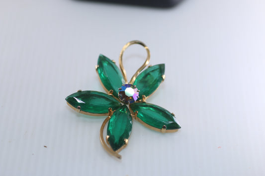 60's style Green Rhinestone Lapel Pin Floral Gold Tone Brooch Pinback Button