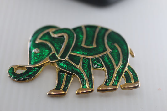 Vintage Abstract green Elephant Gold Tone Brooch