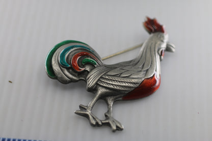 Vintage Matte Silver Color Rooster Brooch/Pin Canada plume