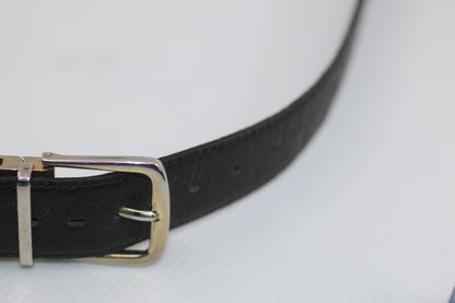 Unisex Black Leather Belt Silver Tone Buckle Classic Style