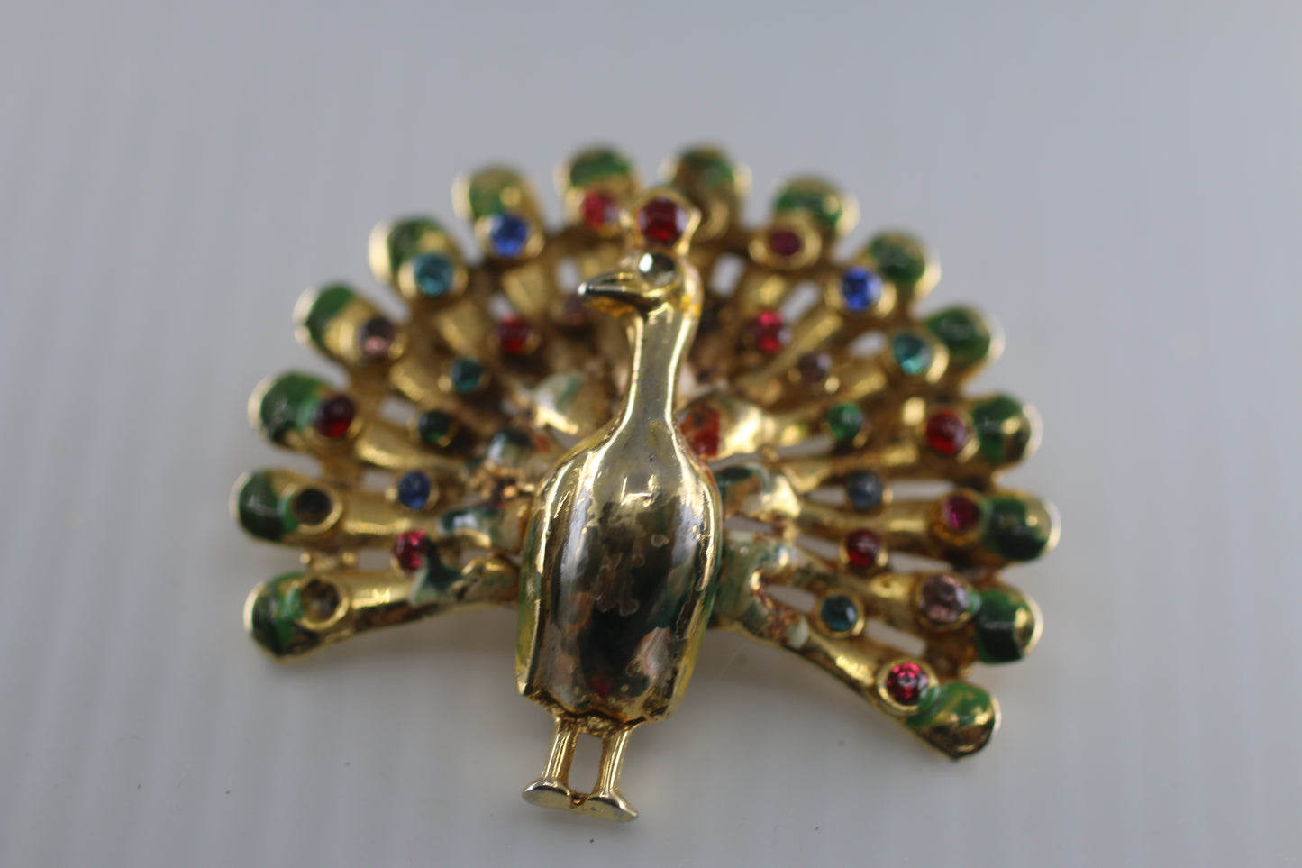 Peacock Brooch Pin Gold Tone Multicolor Rhinestone Fanned Out Feathers Pose