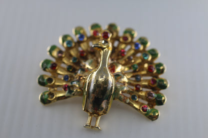 Peacock Brooch Pin Gold Tone Multicolor Rhinestone Fanned Out Feathers Pose