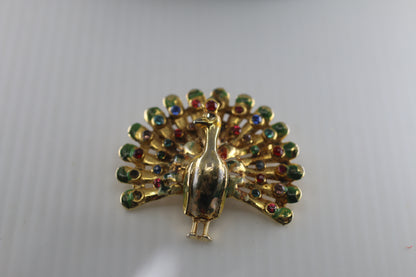 Peacock Brooch Pin Gold Tone Multicolor Rhinestone Fanned Out Feathers Pose