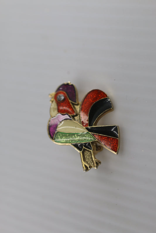 Gold Tone rooster Bird Pin  Enamel Brooch Rhinestones Jewelry Vintage