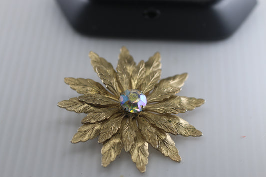 Vintage Flower Brooch textured gold tone Rhinestone 2 1/4" in diameter