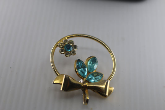 Vintage Gold Tone Large Blue Crystal tone Flower Brooch Rhinestone