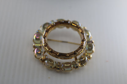 Vintage 1.25" Gold Tone Signed AJC Crystal tone Circle Brooch Pin