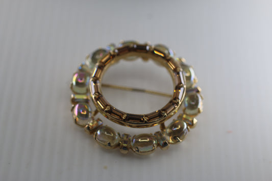 Vintage 1.25" Gold Tone Signed AJC Crystal tone Circle Brooch Pin