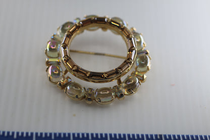 Vintage 1.25" Gold Tone Signed AJC Crystal tone Circle Brooch Pin