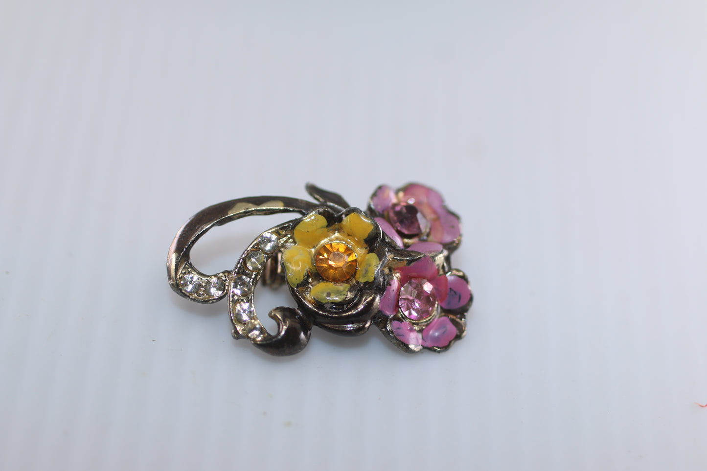 Vintage Modernist Brooch Colored Flowers Rhinestone