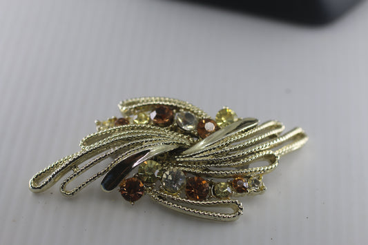 Pretty Vintage Shades of Brown & Topaz AB Rhinestones & Enamel Ribbon Brooch