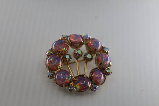 Vintage Foiled Glass/Faux Fire Opal Round Brooch Rhinestones Floral Lapel Pin