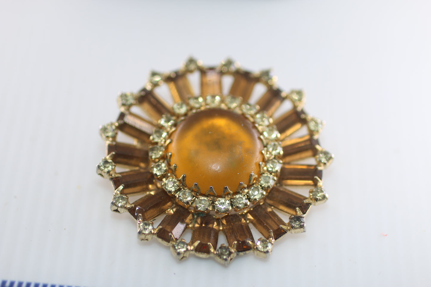 1950s Continental Rhinestone Brooch Large amber tone Cabochon Center