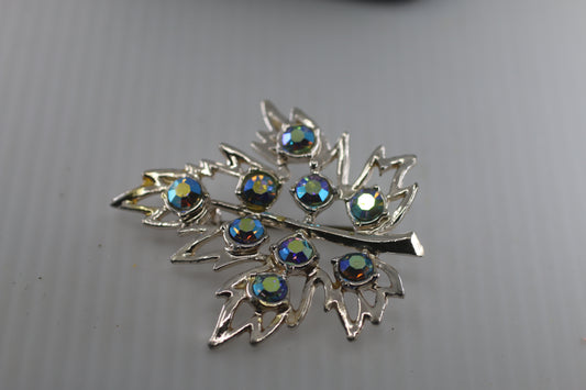 Vintage Aurora Borealis Floral and Leaf Spray Brooch, Flower Brooch, Pin