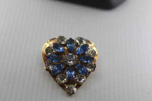 Vintage Brooch Blue Rhinestones Vintage Jewelry Golden heart