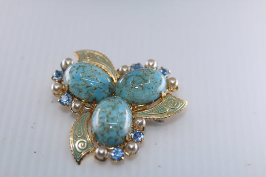 Vintage Czech Turquoise Robin's Egg Blue Glass Gold Tone Brooch Pin