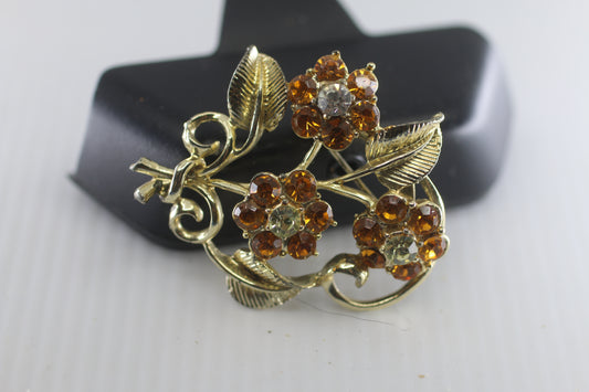 Vintage Coro Gold Tone Yellow & Orange Rhinestone Flowers Brooch