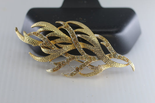 Gold Tone Leaf Brooch Floral Leaf Design Rhinestone