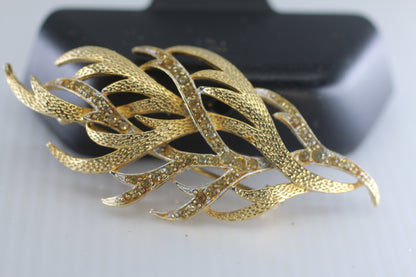 Gold Tone Leaf Brooch Floral Leaf Design Rhinestone