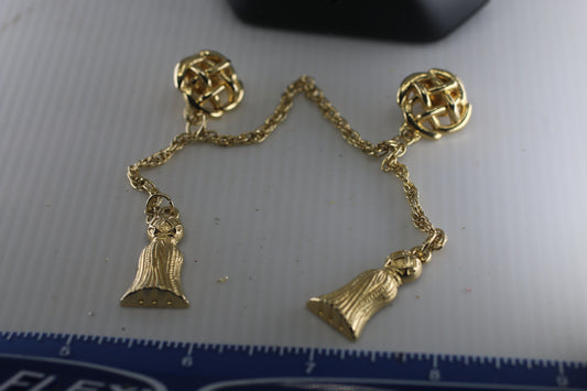 Gold Tone Metal Structural Spheres with Chain Dangling Bells Double Brooch Pin