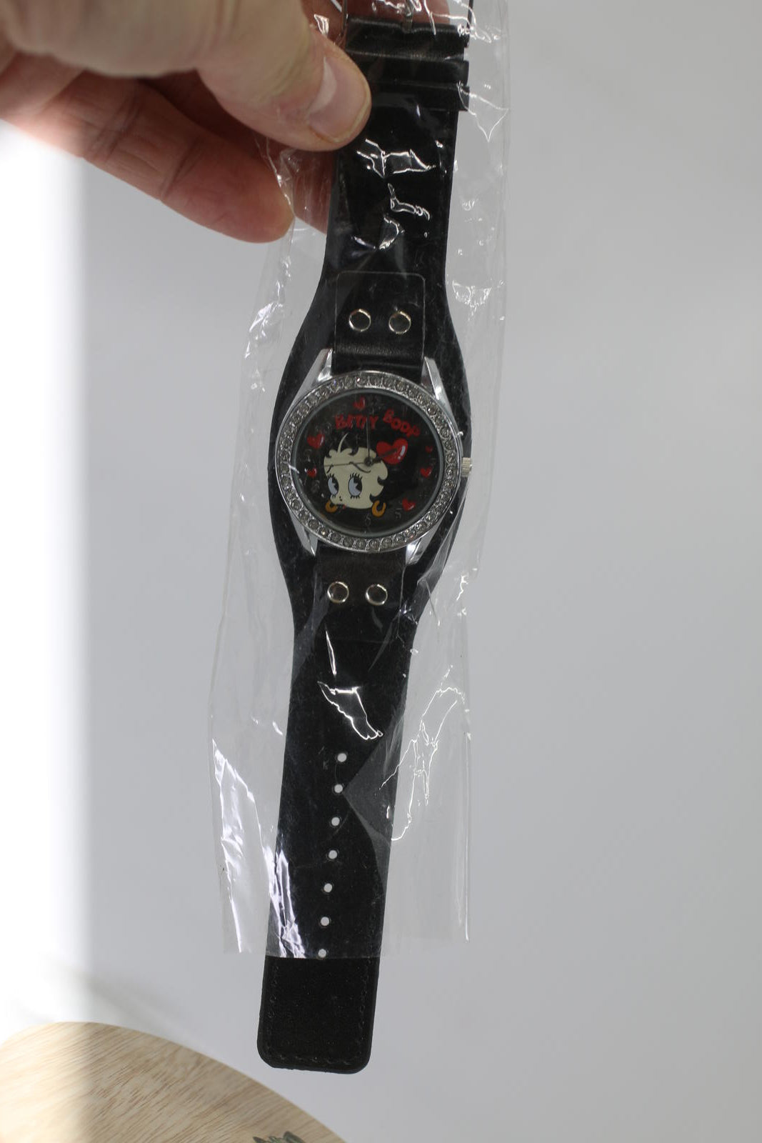 Betty Boop Black Leather Strap Watch with Rhinestone Bezel