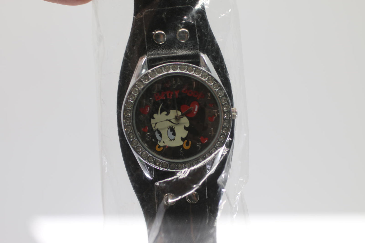 Betty Boop Black Leather Strap Watch with Rhinestone Bezel