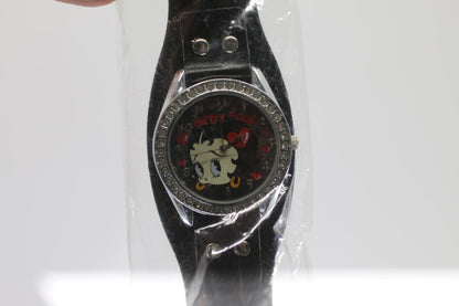 Betty Boop Black Leather Strap Watch with Rhinestone Bezel