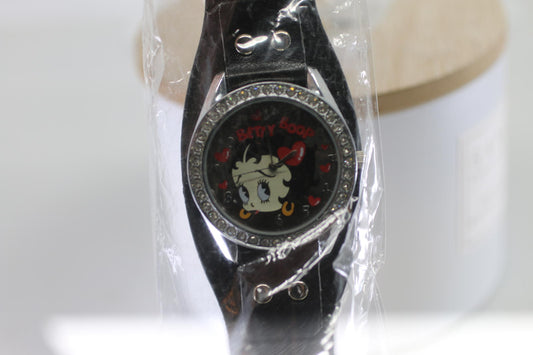 Betty Boop Black Leather Strap Watch with Rhinestone Bezel