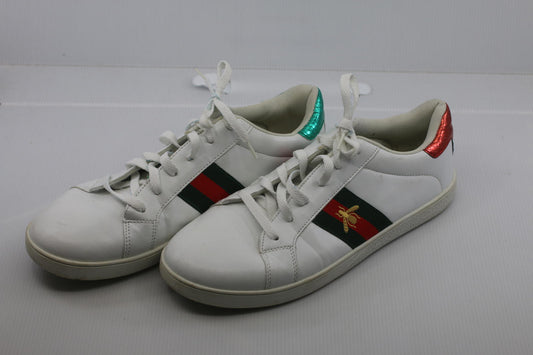 White Leather Sneakers with Red and Green Stripes and Embroied bug
