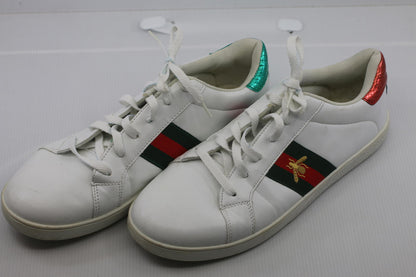 White Leather Sneakers with Red and Green Stripes and Embroied bug