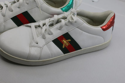 White Leather Sneakers with Red and Green Stripes and Embroied bug