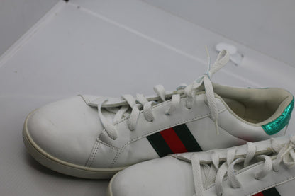 White Leather Sneakers with Red and Green Stripes and Embroied bug
